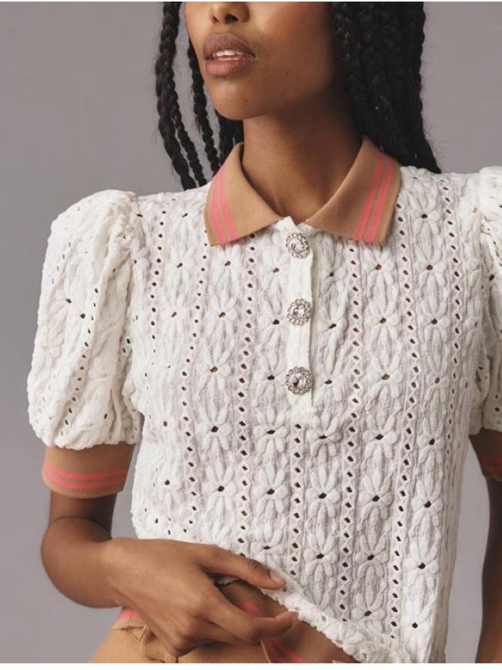 Maeve by Anthropologie Women's Cream Eyelet Polo with Pink-Trim Collar, size XL